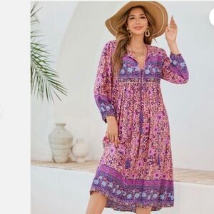 R.Vivimos Size M - 8/10 Folk Bohemian Midi Dress Rayon Resort  Paisley Peasant